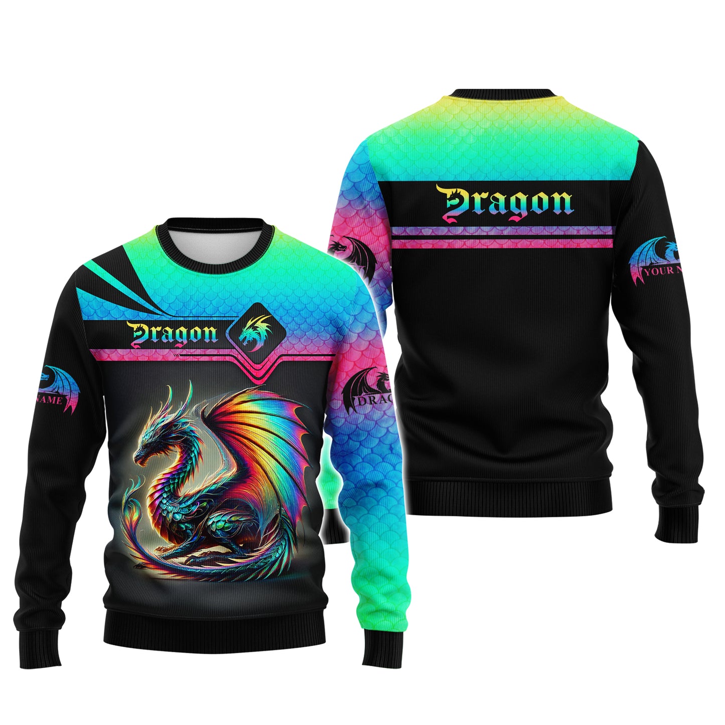 Sudadera con capucha y cremallera de neón con estampado completo en 3D de dragón, regalo personalizado con nombre para amantes de los dragones