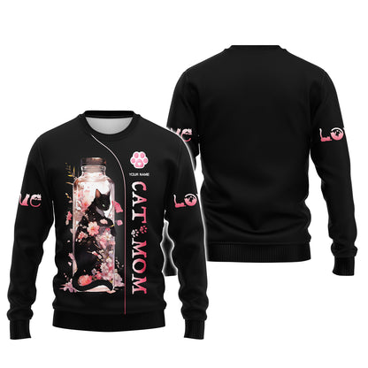 Sudadera con capucha y cremallera 3D con nombre personalizado de gato negro en un frasco de flores de cerezo para amantes de los gatos