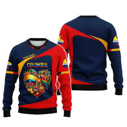 Sudadera con capucha y cremallera con corazón de Colombia, nombre personalizado, camiseta de Colombia, camiseta unisex de Colombia