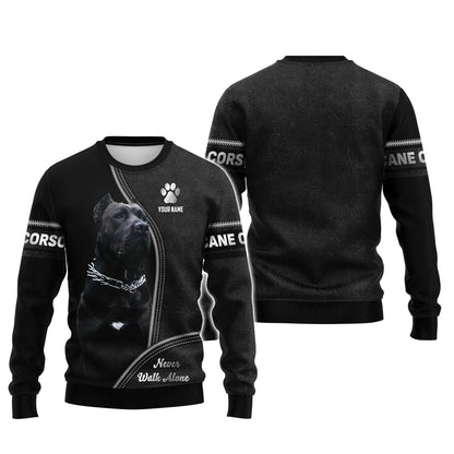 Sweat à capuche zippé avec nom personnalisé Cane Corso Never Walk Alone Cadeau pour les amoureux des chiens Chemises 3D