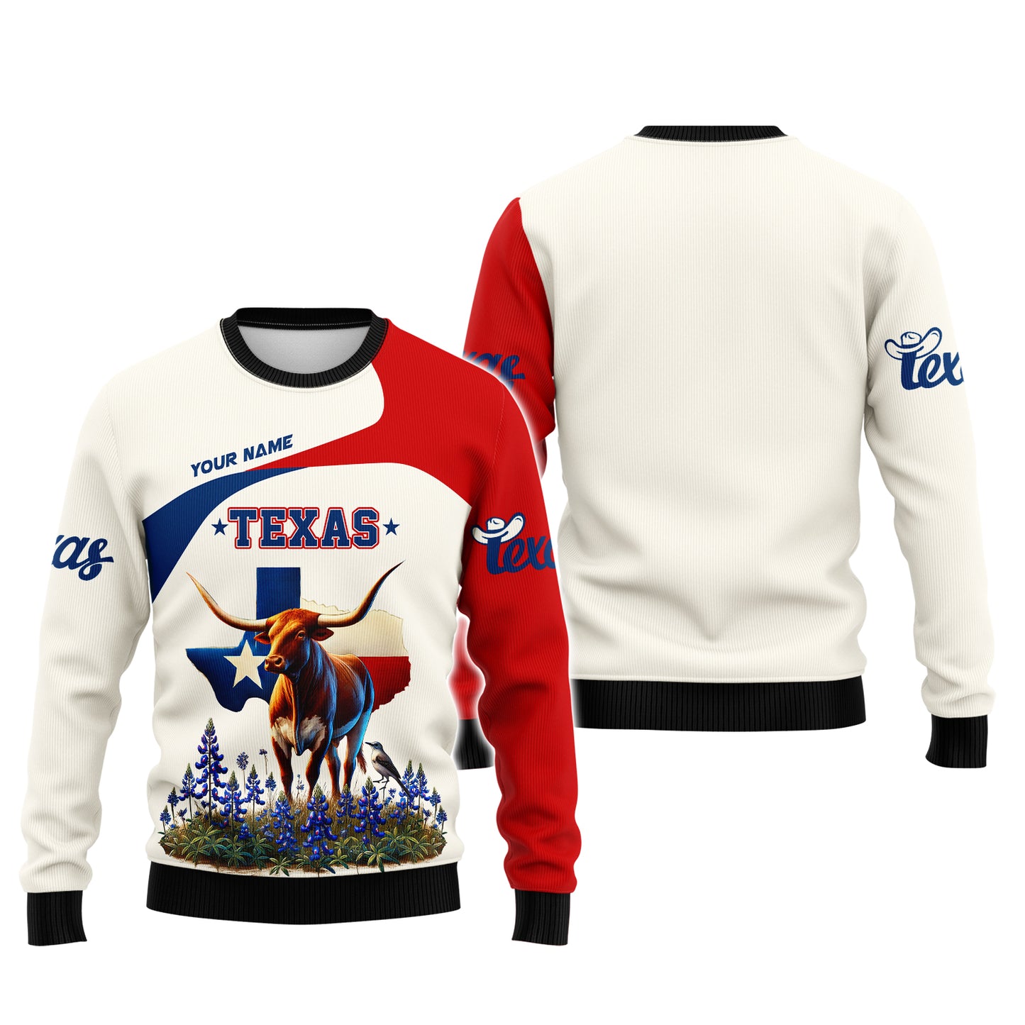 Texas Longhorn And Mockingbird With Texas Map Personalized Name 3D Shirt Custom Gift For Texan Lovers