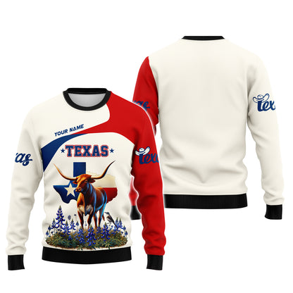 Camiseta personalizada con nombre en 3D de Texas Longhorn y Mockingbird con mapa de Texas, regalo personalizado para amantes de Texas