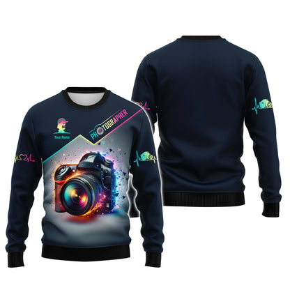 Sudadera con capucha y cremallera con estampado 3D completo y colorido para cámara, regalo personalizado con nombre para amantes de la fotografía