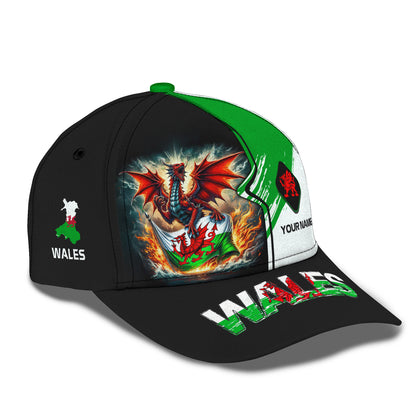 Gorra clásica personalizada con dragón rojo y bandera de Gales, nombre personalizado, gorra 3D, regalo para amantes de Gales