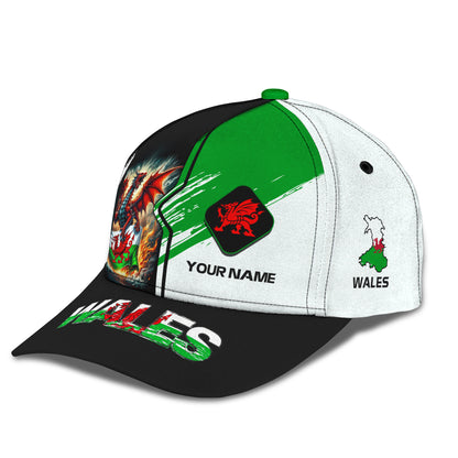 Casquette classique personnalisée avec nom personnalisé Dragon rouge et drapeau du Pays de Galles, cadeau pour les amoureux du Pays de Galles