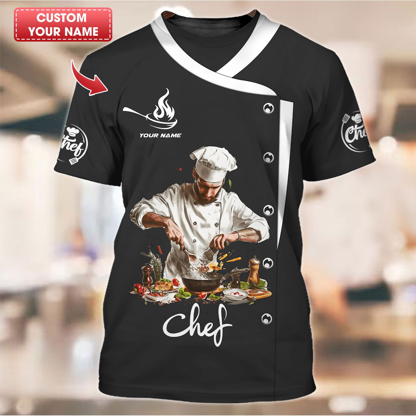 Camiseta de chef personalizada: chef maestro en acción con escena de cocina dinámica