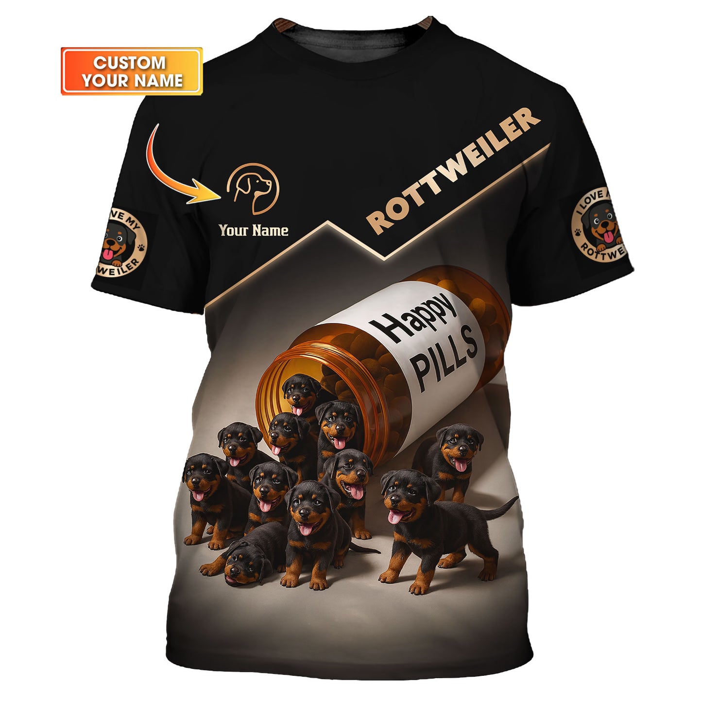 Personalized Rottweiler Puppies Happy Pills AOP T-Shirt
