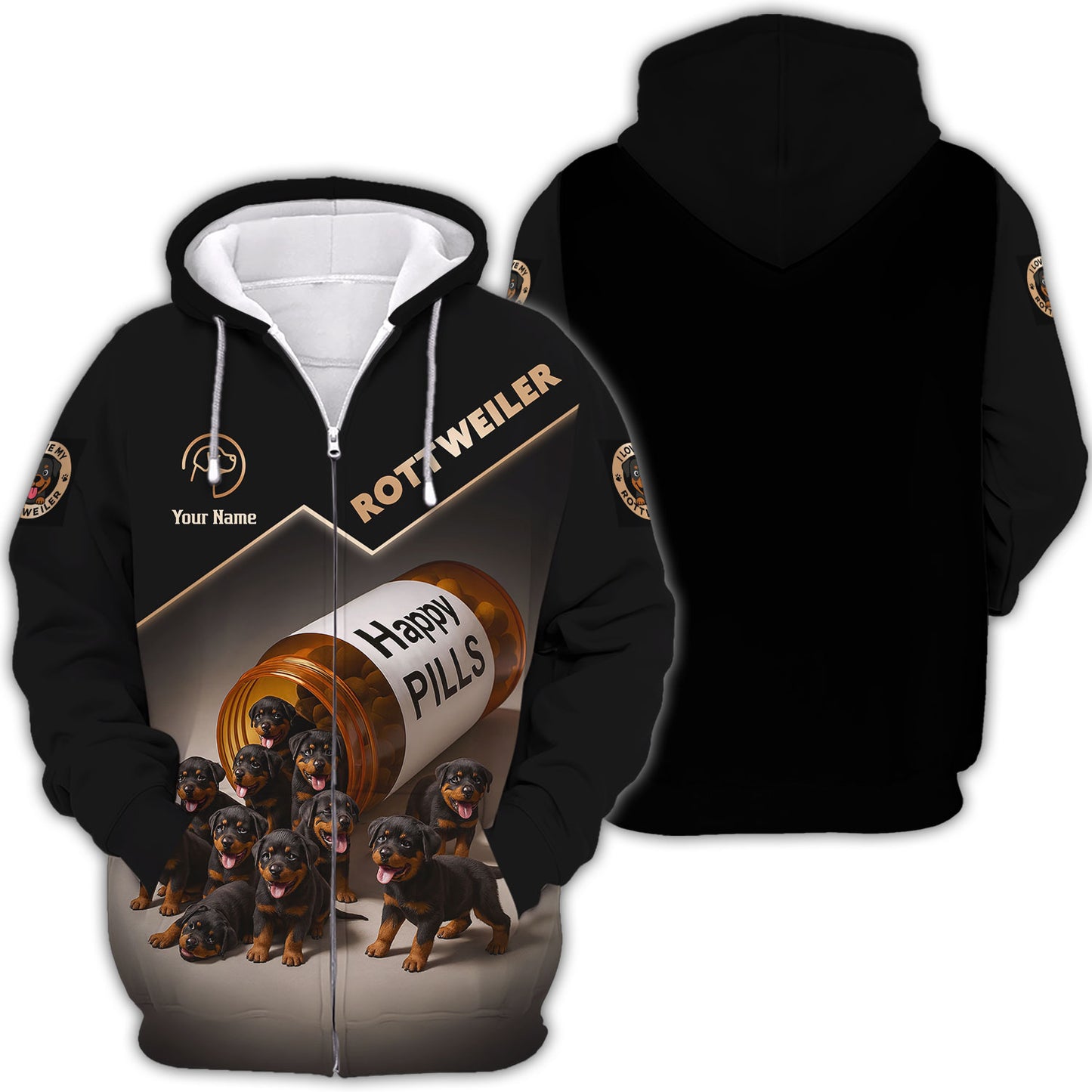 Personalized Rottweiler Puppies Happy Pills AOP T-Shirt