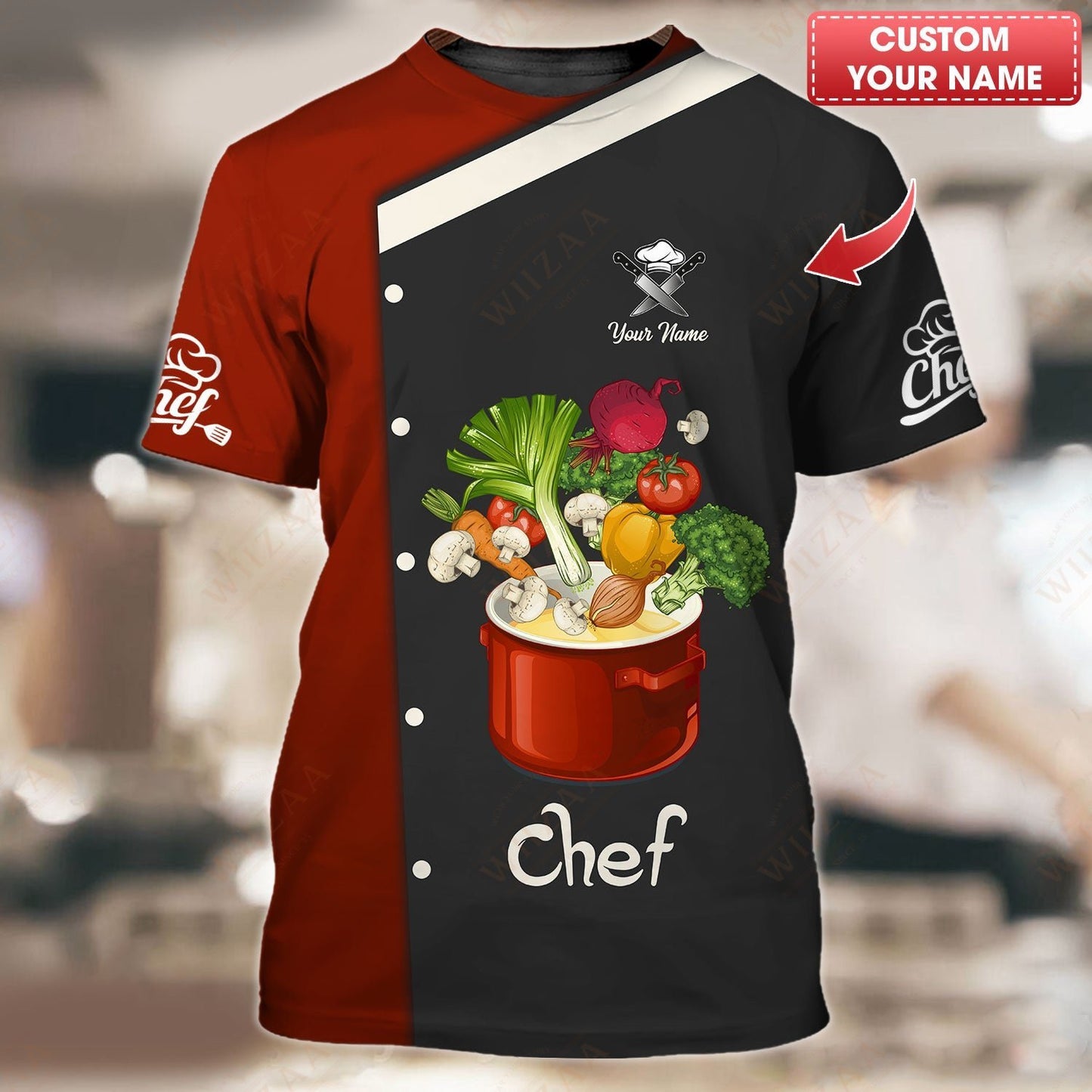 Camiseta de chef personalizada: elegante camiseta culinaria con estampado de verduras vibrantes para amantes de la comida