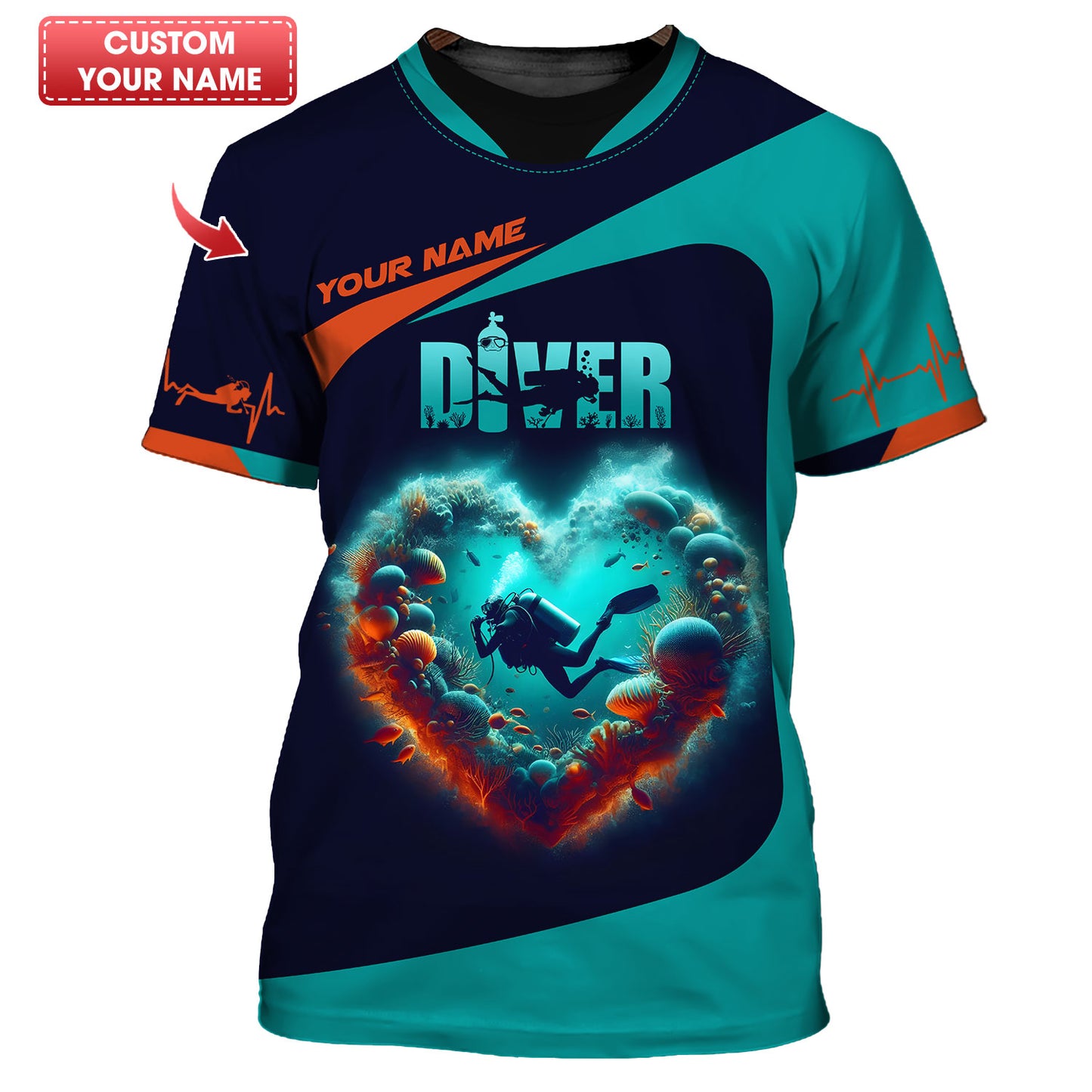 3D Full Print Scuba Diving Heart Shirts Personalized Name Gift For Diver Lovers