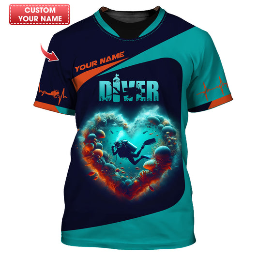 Camisetas de buceo con corazón y estampado completo en 3D, regalo personalizado con nombre para amantes del buceo