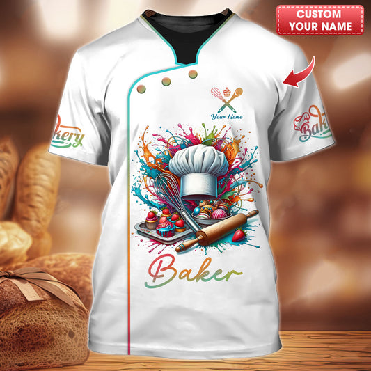 Chemises de boulanger personnalisées - Design de délices de boulangerie vibrants pour chefs pâtissiers artistiques