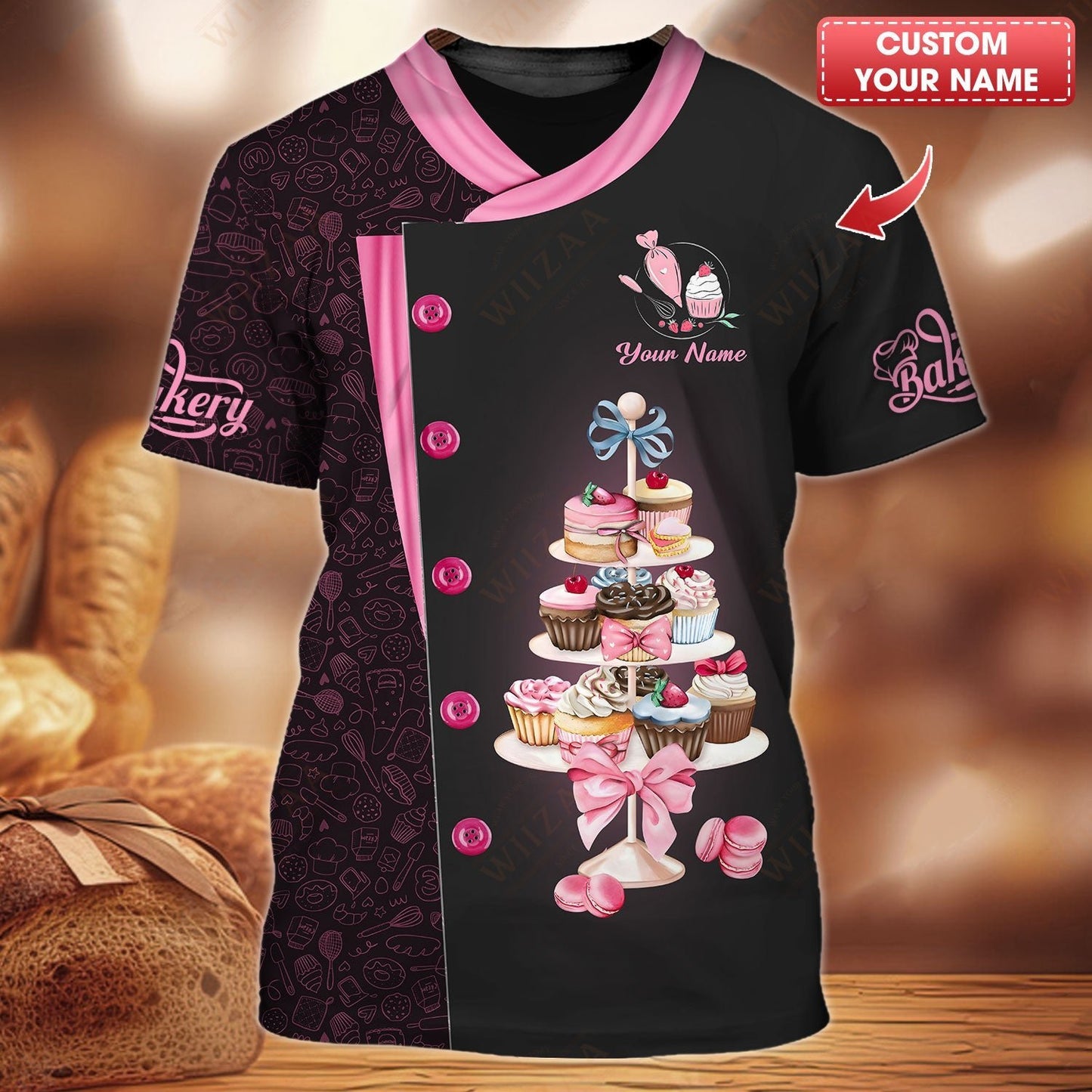 T-shirt de boulanger personnalisé – Motif tour de cupcakes et de friandises