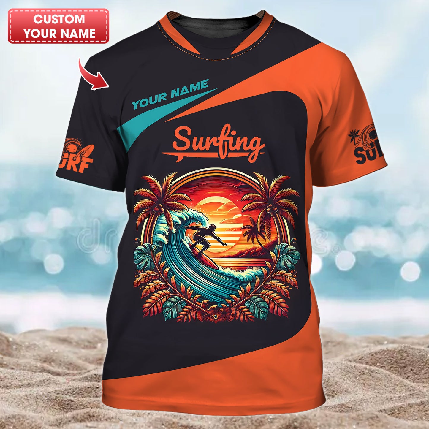 Camiseta personalizada con diseño de surf al atardecer, regalo para amantes del surf, camiseta 3D