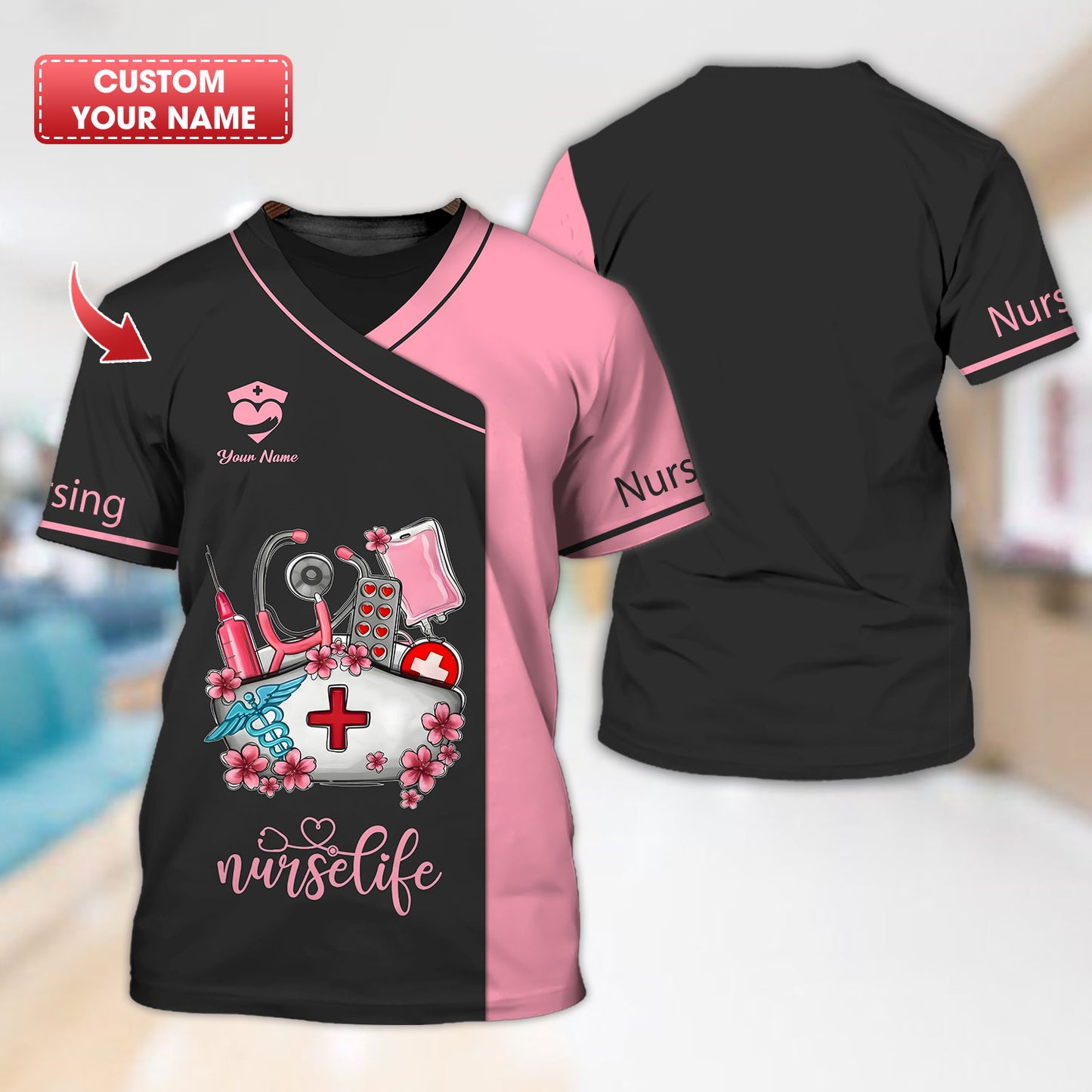 Camiseta de enfermera personalizada: «Nurse Life» con motivo médico en rosa y negro