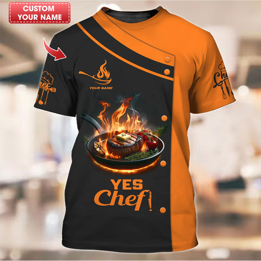 Personalized Chef Shirt – Flaming Steak for Culinary Enthusiasts, Yes Chef!