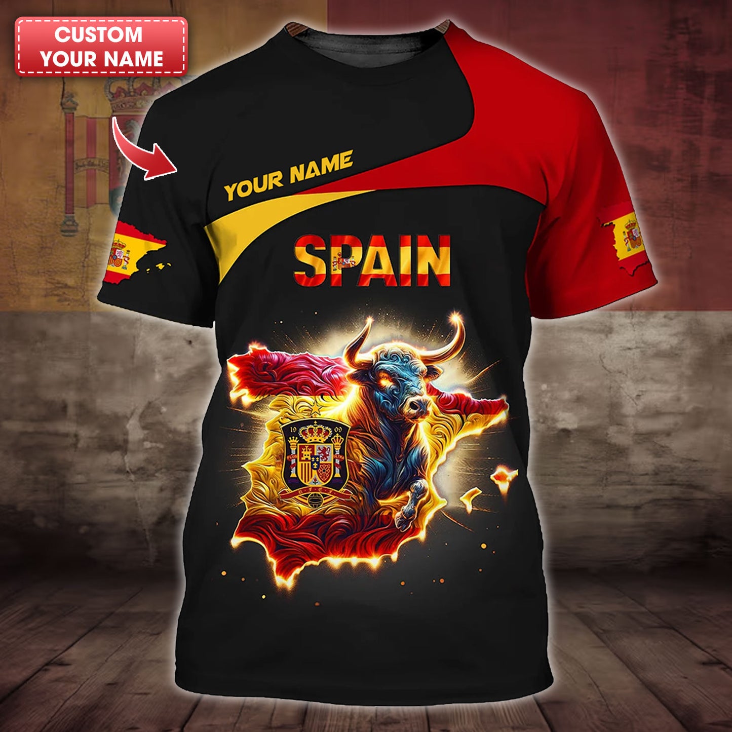 Camiseta personalizada del orgullo español: diseño de toro ardiente para fans de España