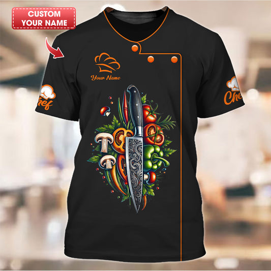 Camisa de chef personalizada: diseño de cuchillo y verduras