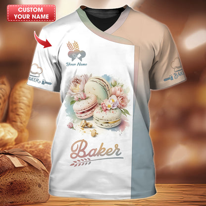 Chemises de boulanger personnalisées - Design élégant de macarons et de fleurs pour les chefs pâtissiers