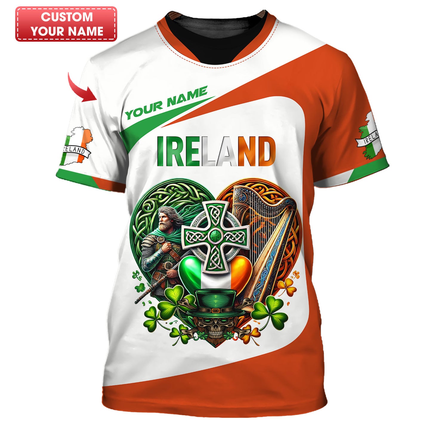 Camisetas con corazón de Irlanda con impresión 3D completa, regalo con nombre personalizado para amantes irlandeses