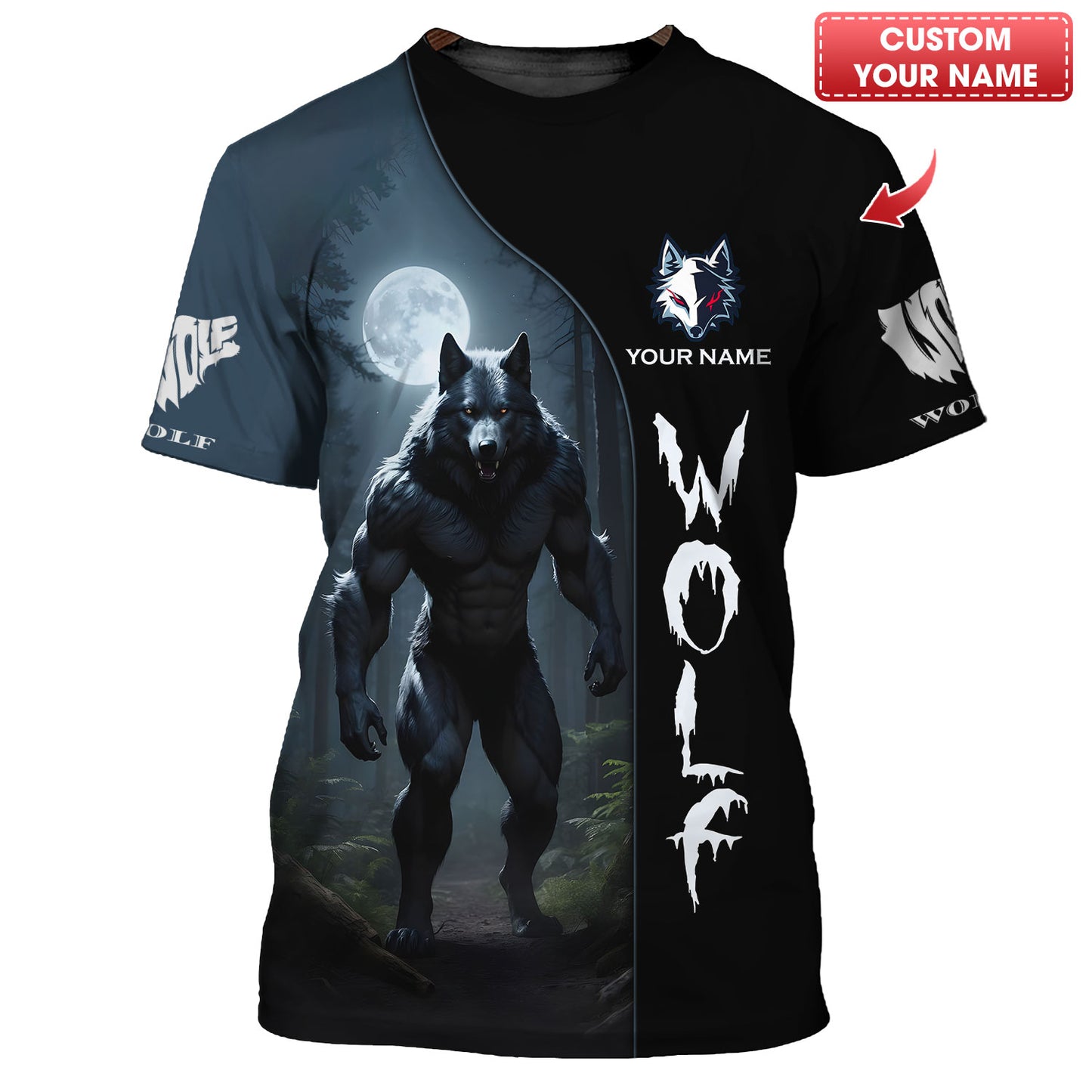 T-shirt loup-garou avec impression 3D complète avec la lune, cadeau personnalisé pour les amoureux des loups