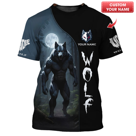 Camiseta con estampado 3D completo de hombres lobo con luna, regalo personalizado con nombre para amantes de los lobos