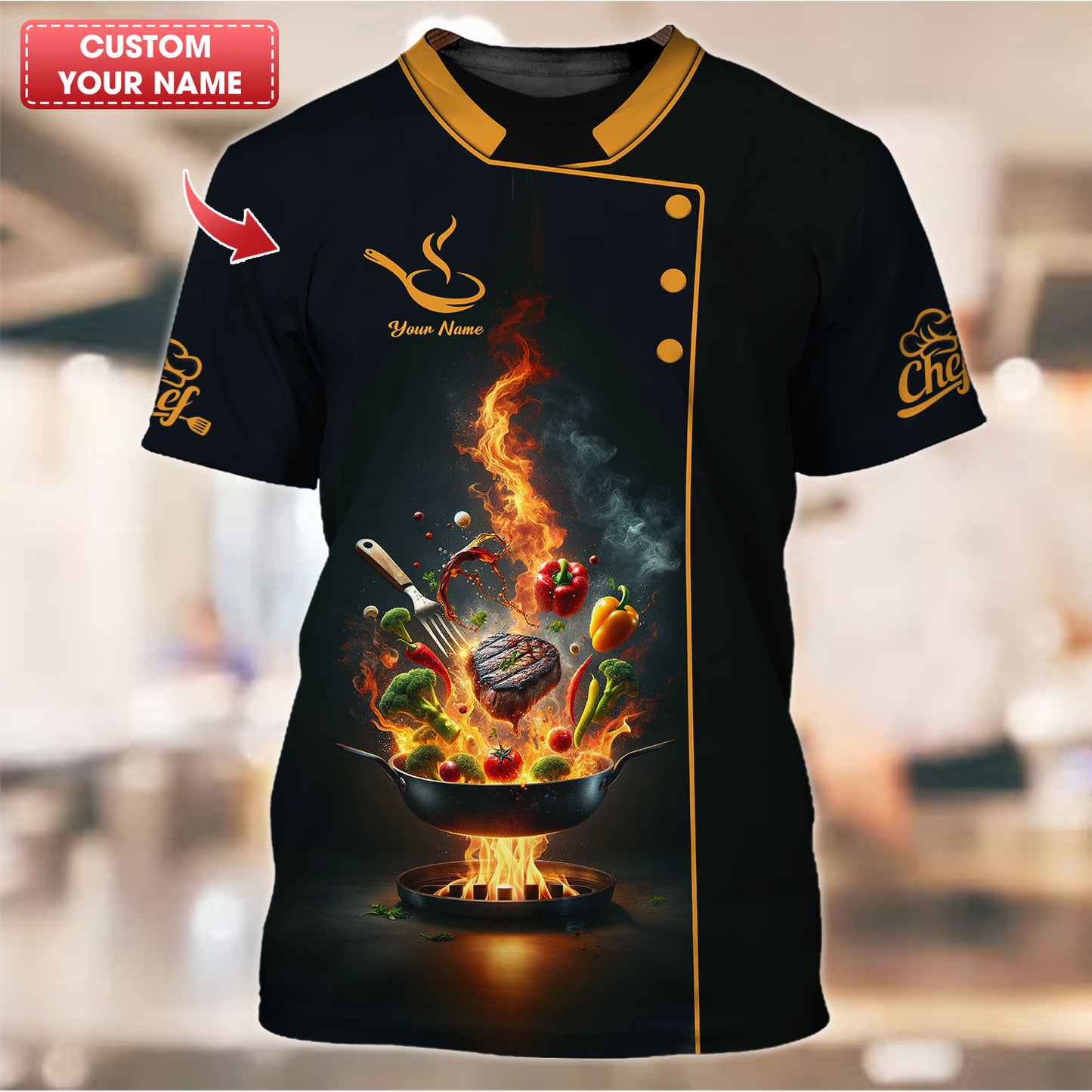 Camisetas de chef personalizadas: diseño dinámico de parrilla en llamas para chefs