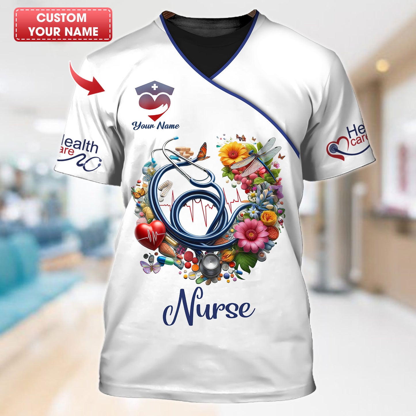 Personalized Nurse Shirts - Colorful Medical Elements Design for Healthcare Professionals