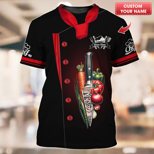 Camisa de chef personalizada: emblema de cuchillo y verduras de cosecha fresca