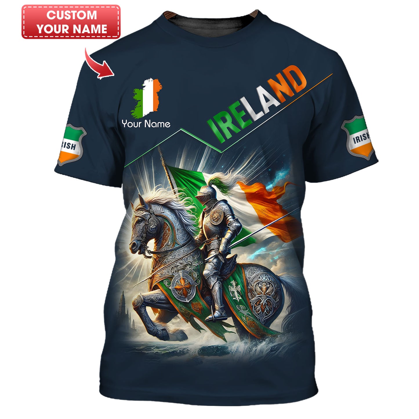 Camiseta personalizada con nombre en 3D de Knight Ireland, regalo personalizado para los amantes de Irlanda