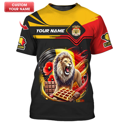 Le Lion Avec Le Drapeau De La Belgique Nom Personnalisé T-shirt 3D Cadeau Personnalisé Pour Les Amoureux Belges