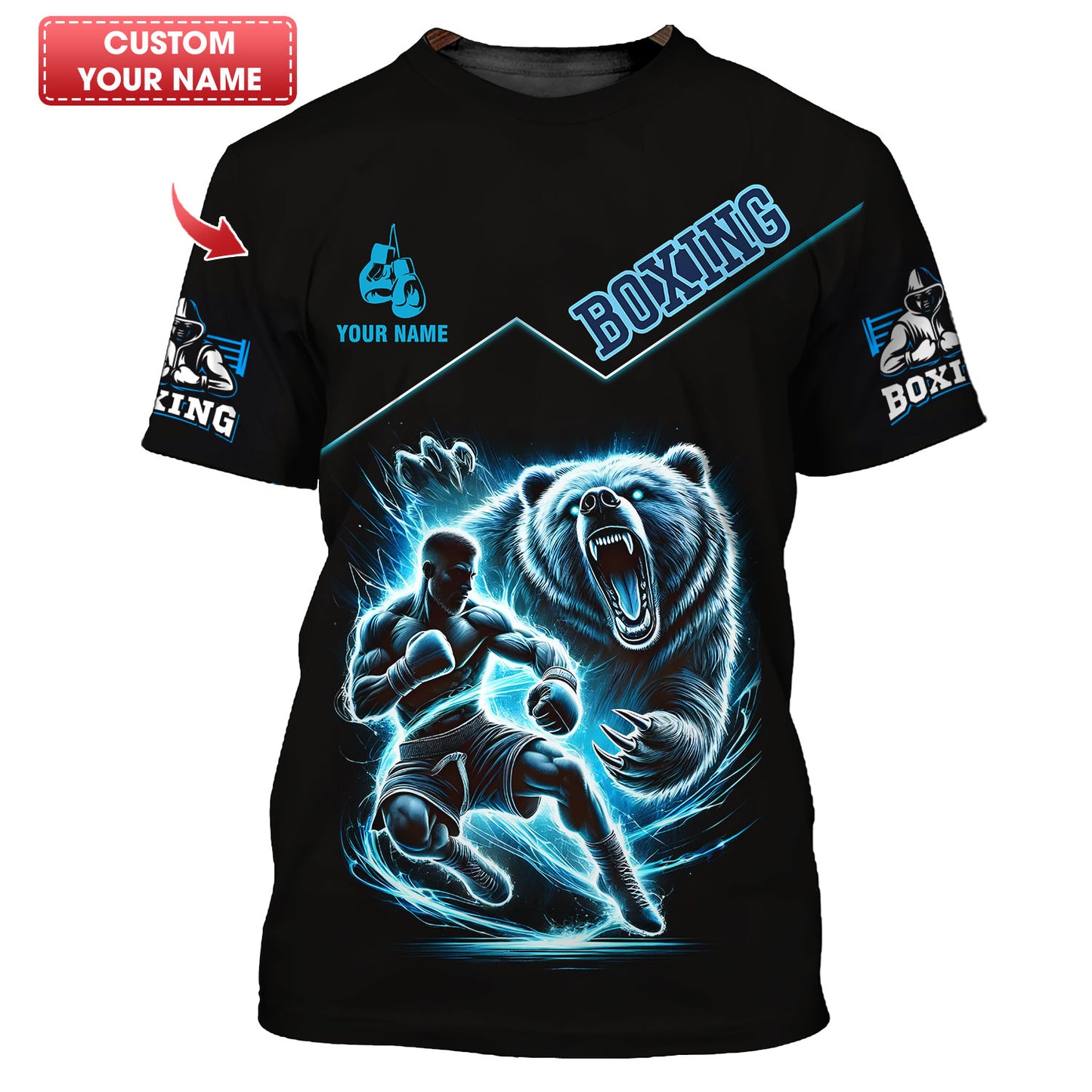 Boxeur avec ours nom personnalisé t-shirt 3D cadeau personnalisé pour les amateurs de boxe