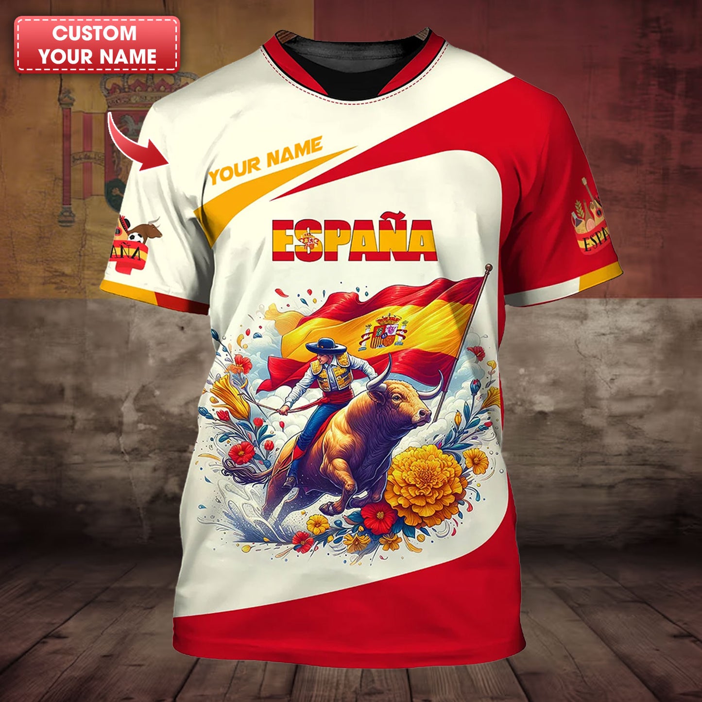 Camiseta personalizada con el orgullo de España: diseño vibrante de torero y toro para los amantes de España