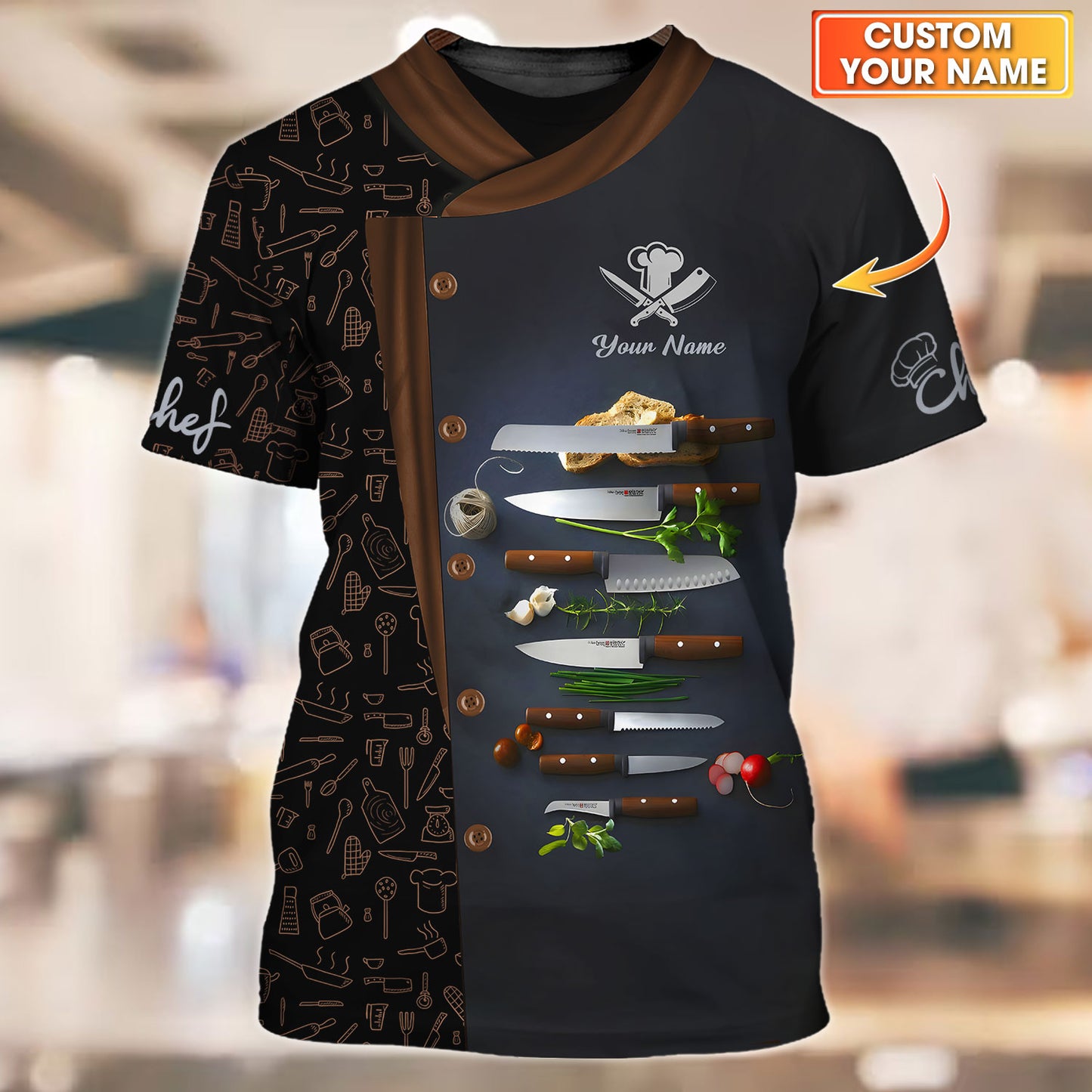 Camiseta de chef personalizada: gráfico clásico de herramientas culinarias y hierbas