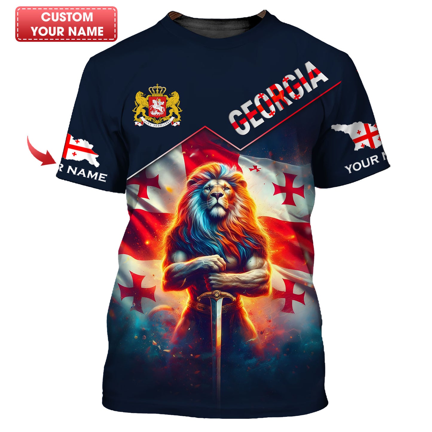 Camiseta personalizada con nombre 3D de guerrero león con bandera de Georgia, regalo personalizado para amantes de Georgia