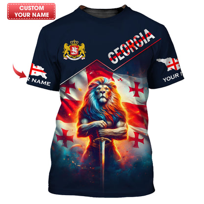 T-shirt personnalisé avec nom 3D Lion Warrior avec drapeau de la Géorgie, cadeau personnalisé pour les amoureux de Gruzia