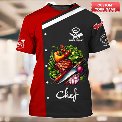 T-shirt de chef personnalisé – Motif d'ingrédients frais et colorés et de viande grillée