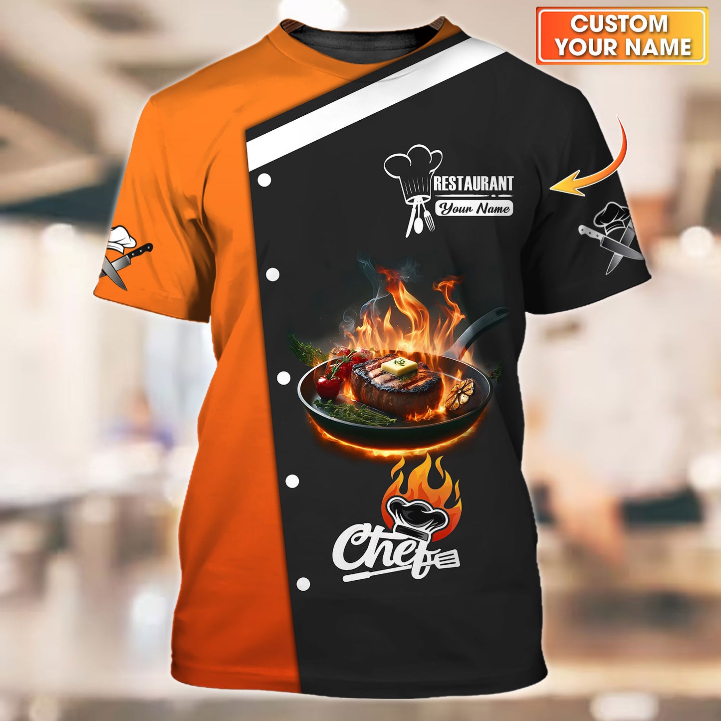 Personalized Chef Shirt - Fiery Steak Print in Black and Orange