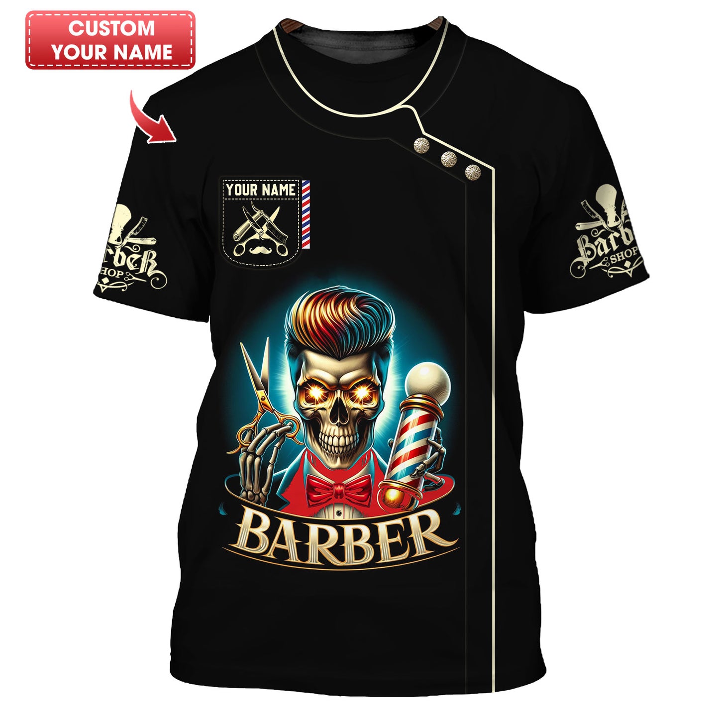 Camiseta de barbero con estampado completo en 3D y calavera personalizada, regalo con nombre para amantes de los barberos