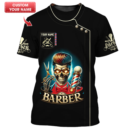 T-shirt de barbier avec tête de mort imprimée en 3D, cadeau personnalisé pour les amateurs de barbier