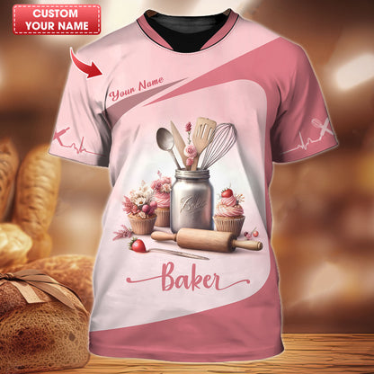 Personalized Baker Shirts - Soft Pink Baking Essentials Design for Pastry Chefs