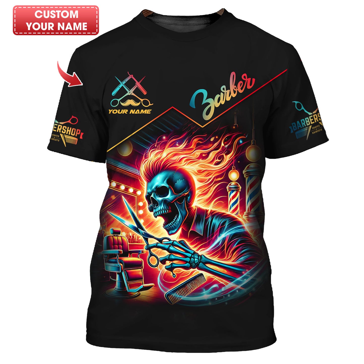 Chemise de barbier personnalisée - Flaming Skull Haircut Master