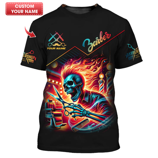 Personalized Barber Shirt - Flaming Skull Haircut Master