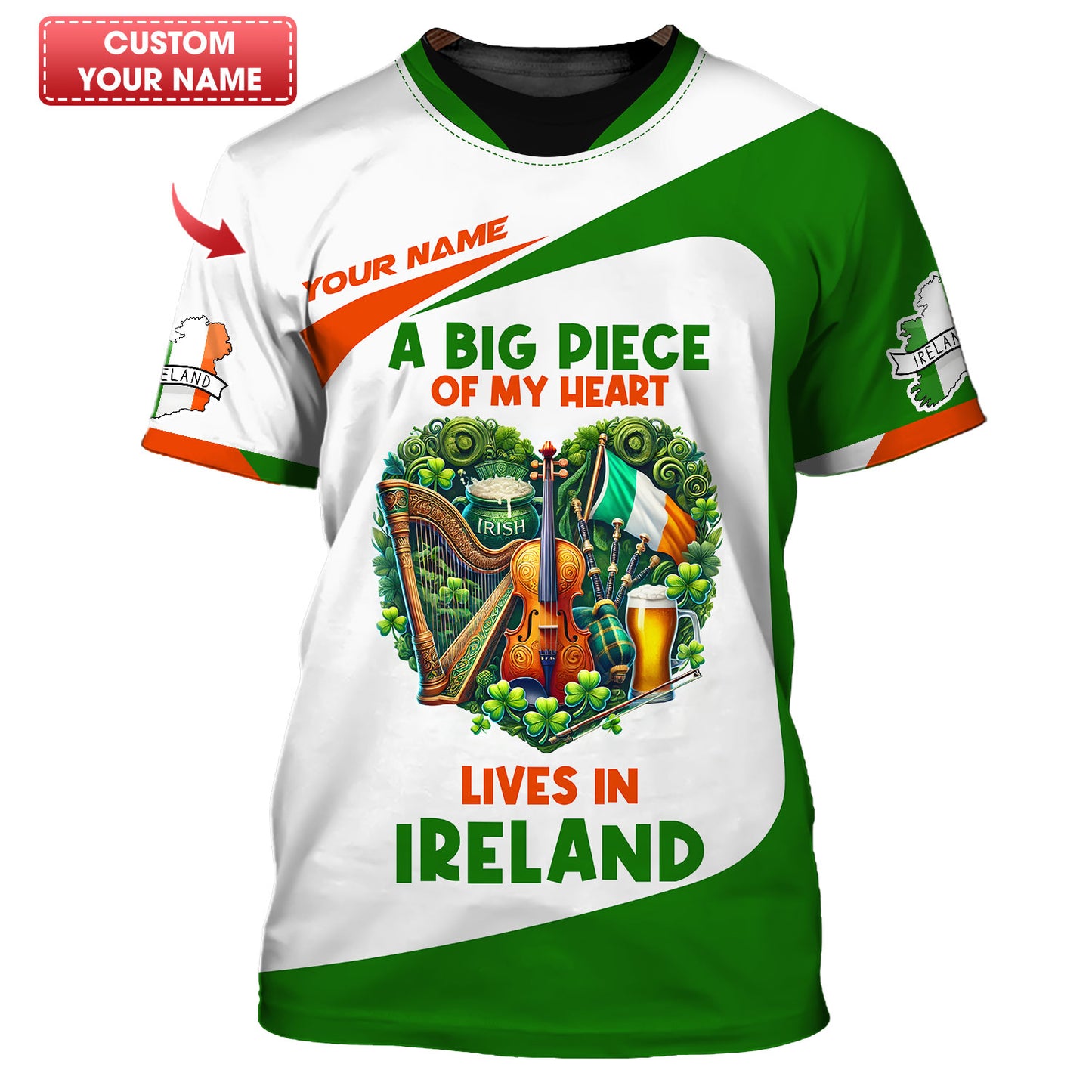 Un gros morceau de mon cœur vit en Irlande T-shirt personnalisé avec nom Cadeau pour amoureux irlandais