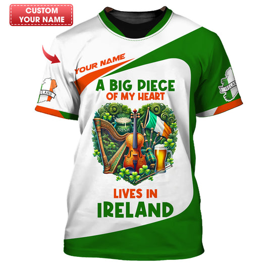 Una gran parte de mi corazón vive en Irlanda Camisetas con nombre personalizadas Regalo para amantes irlandeses