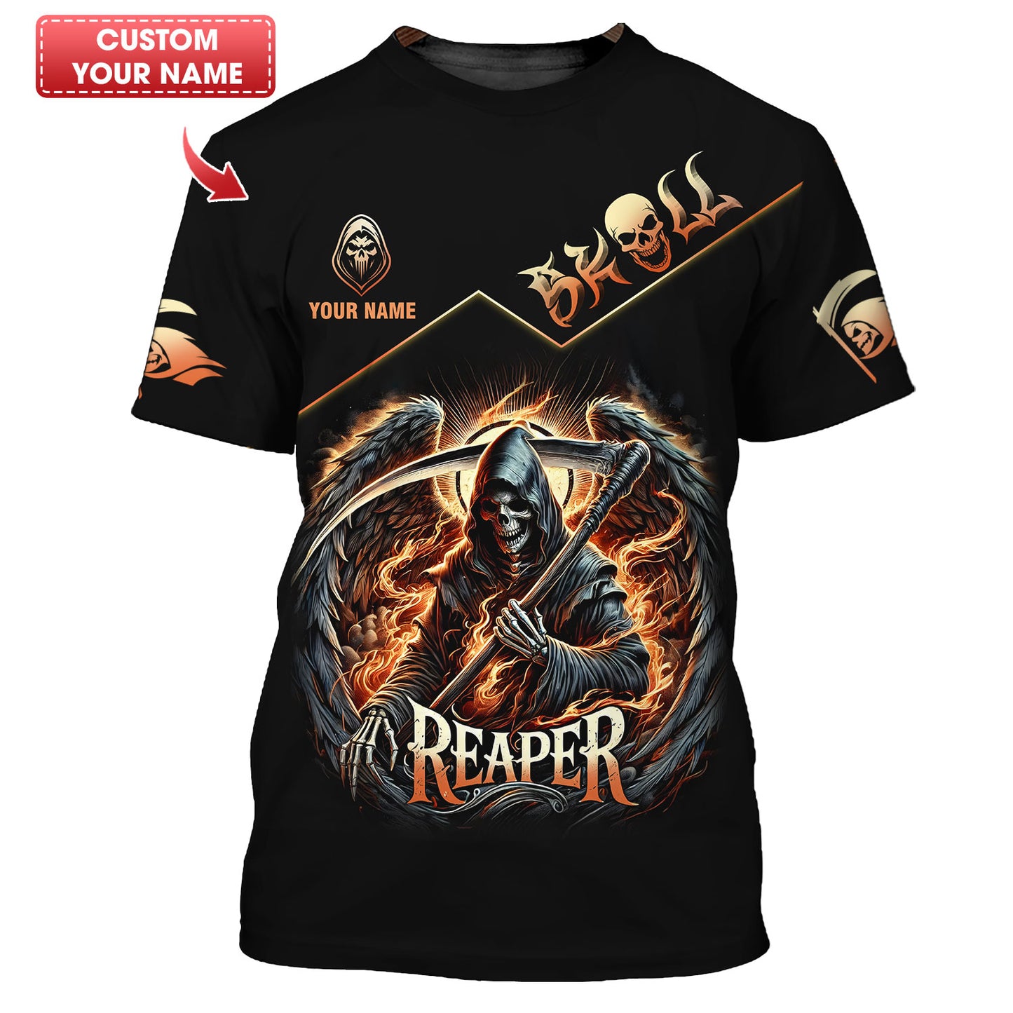 T-shirts 3D Full Print The Reaper God Of Death Cadeau personnalisé avec nom pour les amoureux des crânes