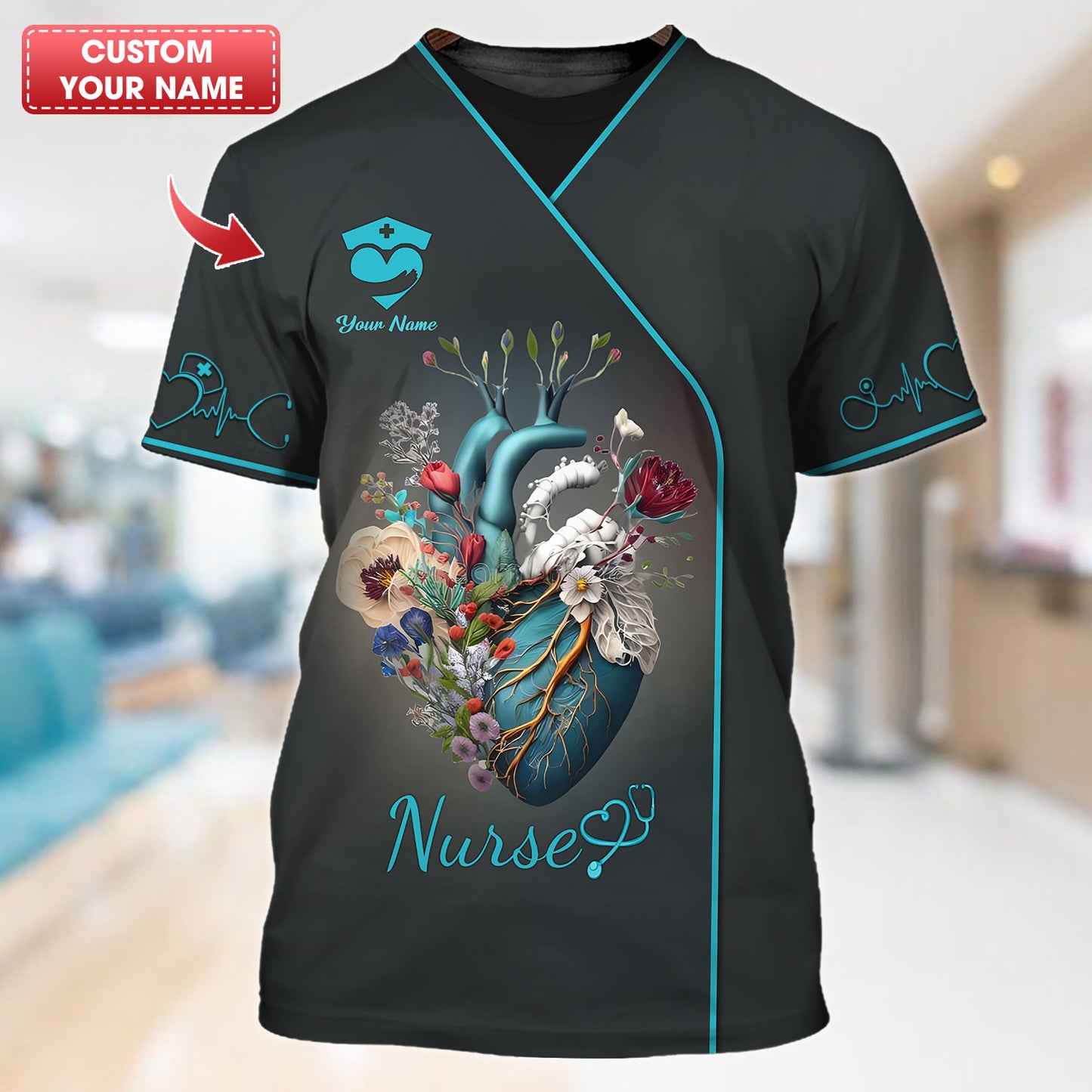 Personalized Nurse Shirt - Artistic Anatomy and Floral Design for Healthcare Professionals