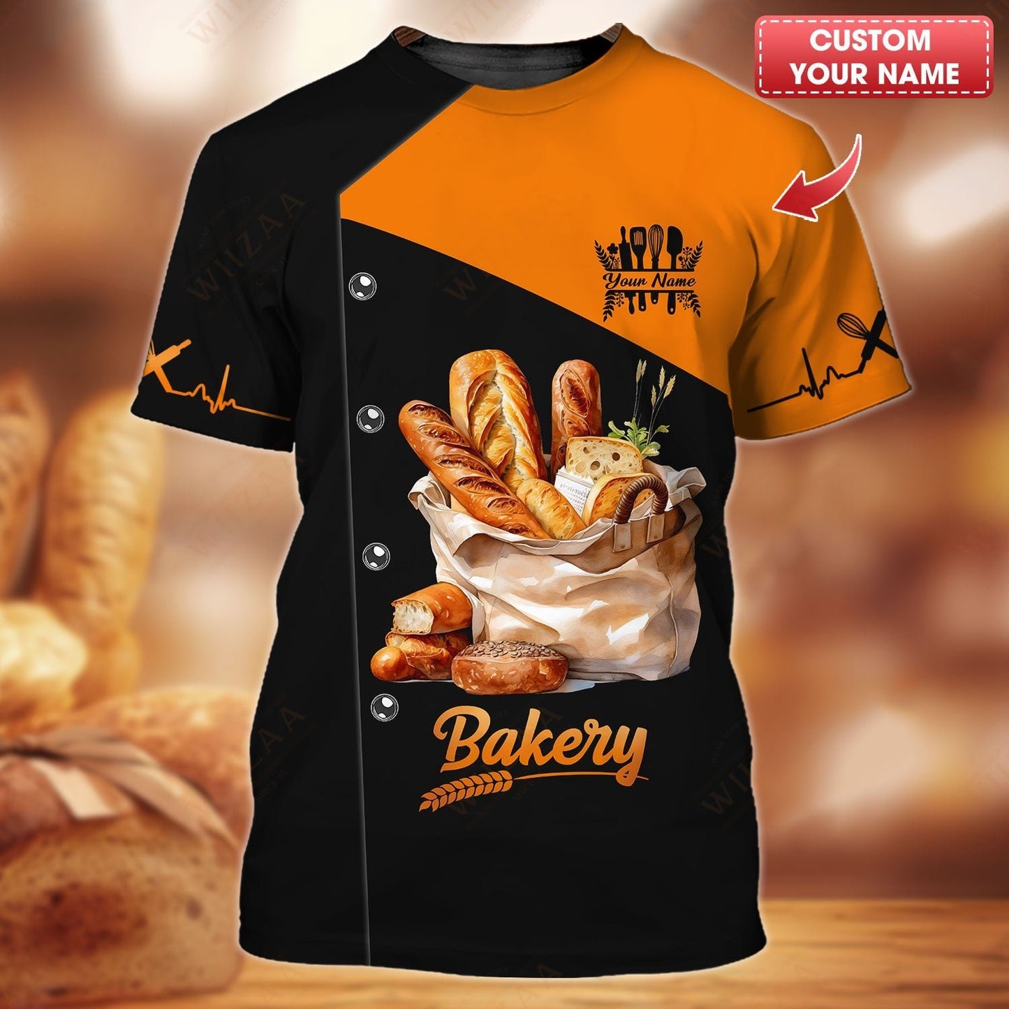 T-shirt de boulanger personnalisé – Assortiment de pain frais avec contraste audacieux