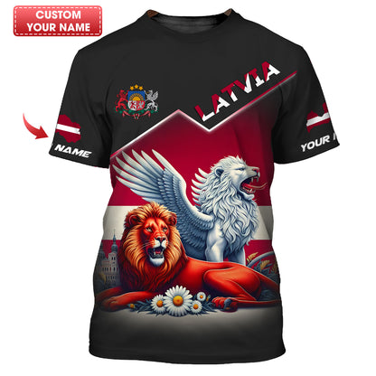 Camiseta personalizada con nombre en 3D de El león con margaritas de Letonia, regalo personalizado para los amantes de Letonia