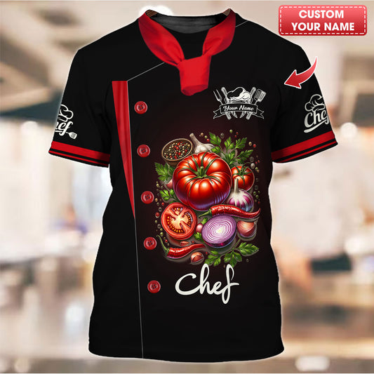 Camisa de chef personalizada: elegante diseño de tomate y cebolla para expertos culinarios